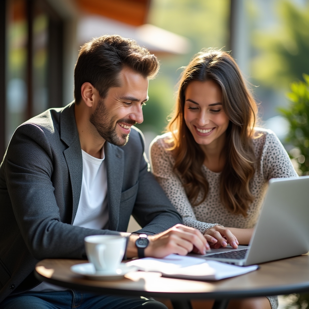 Consultant and CRM implementation partner reviewing integration requirements on a laptop at an outdoor cafe table