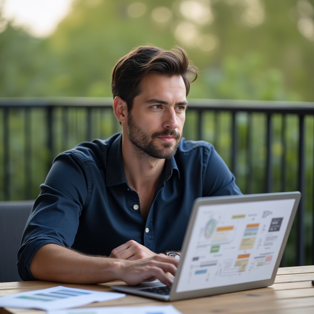 Male consultant in his early thirties discussing CRM workflow on a laptop outdoors