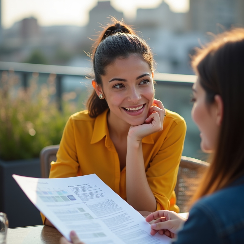 Female consultant of South Asian appearance in her late twenties presenting a workflow diagram to a colleague