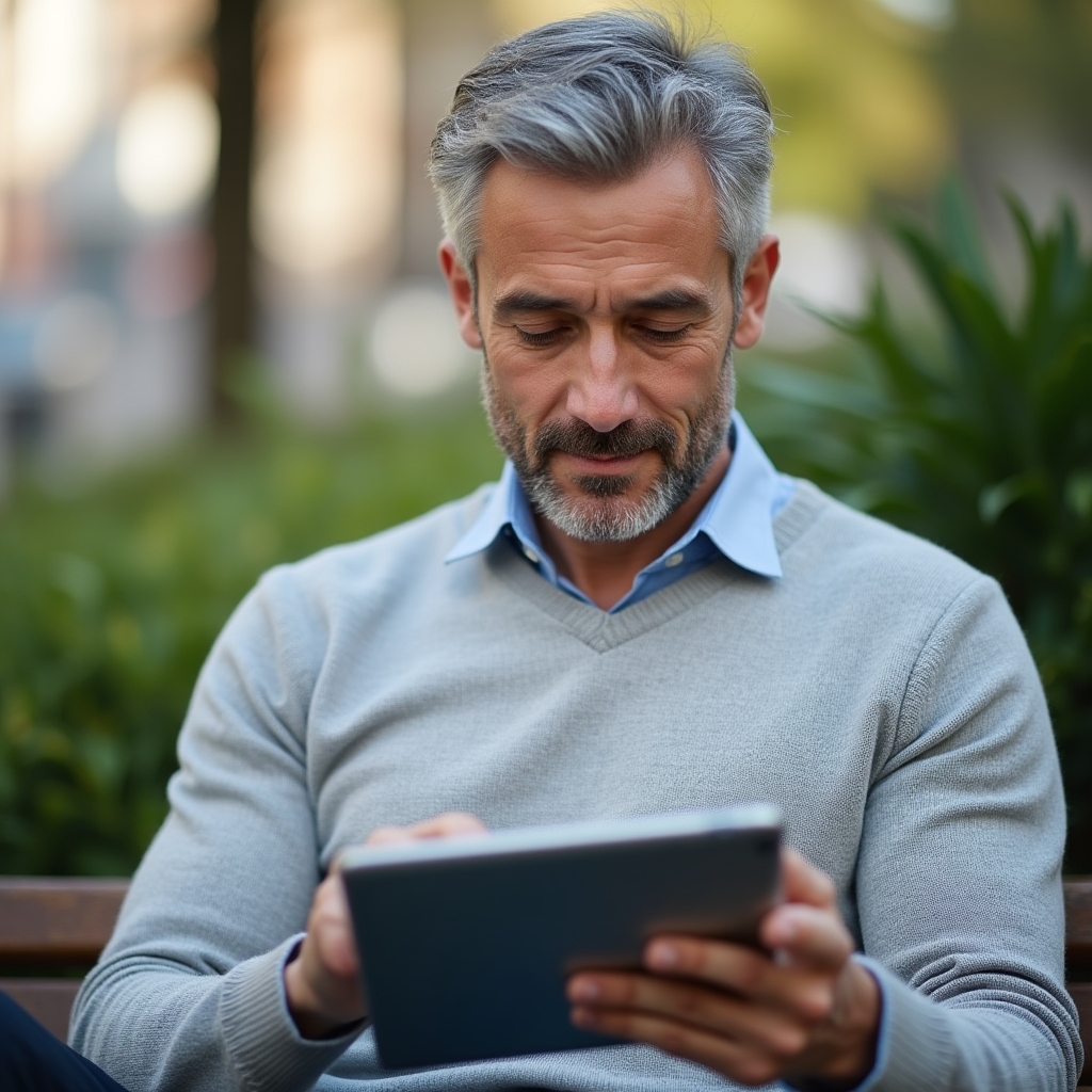 Male consultant in his mid-forties reviewing an automated welcome sequence timeline on a tablet
