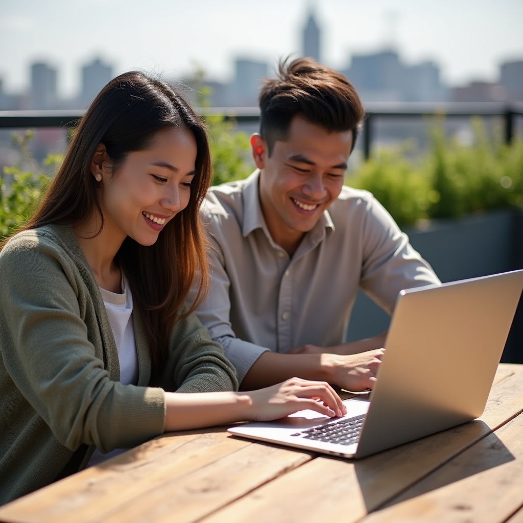 Two professionals reviewing digital intake form fields mapped to CRM data on a laptop screen outdoors