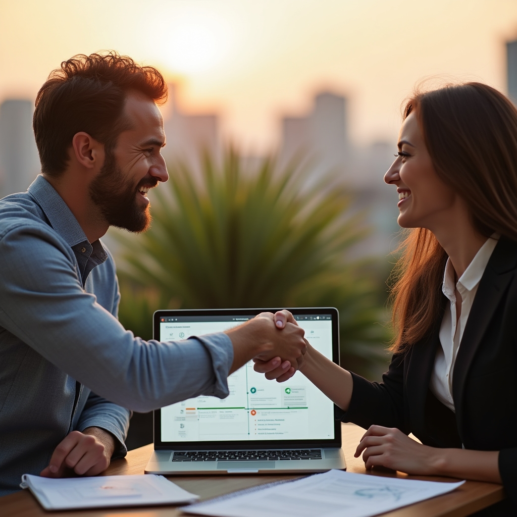 Two colleagues from different firms shaking hands over a shared laptop showing a client journey diagram outdoors