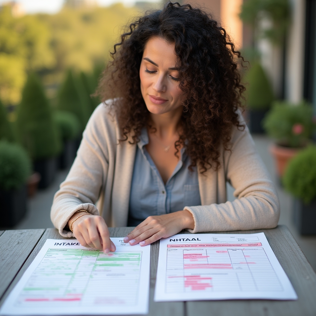 Consultant comparing two different intake process charts from separate office locations on a table outdoors