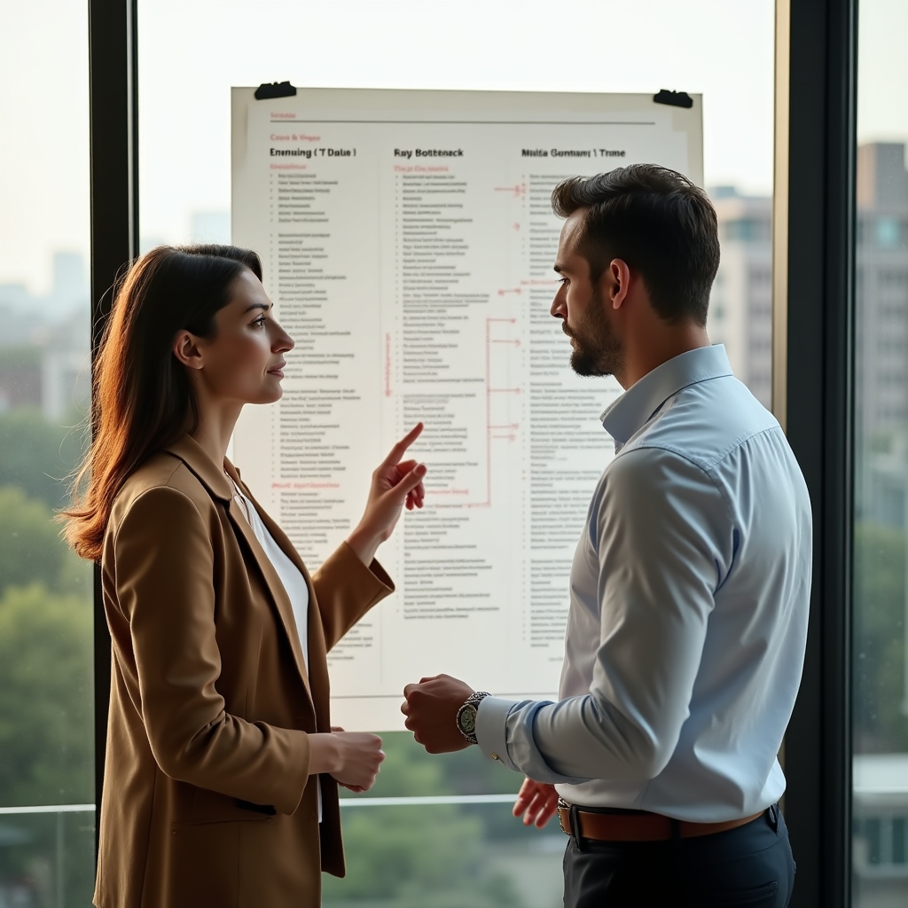 Consultant and law firm operations manager reviewing an intake process map on a large printed chart