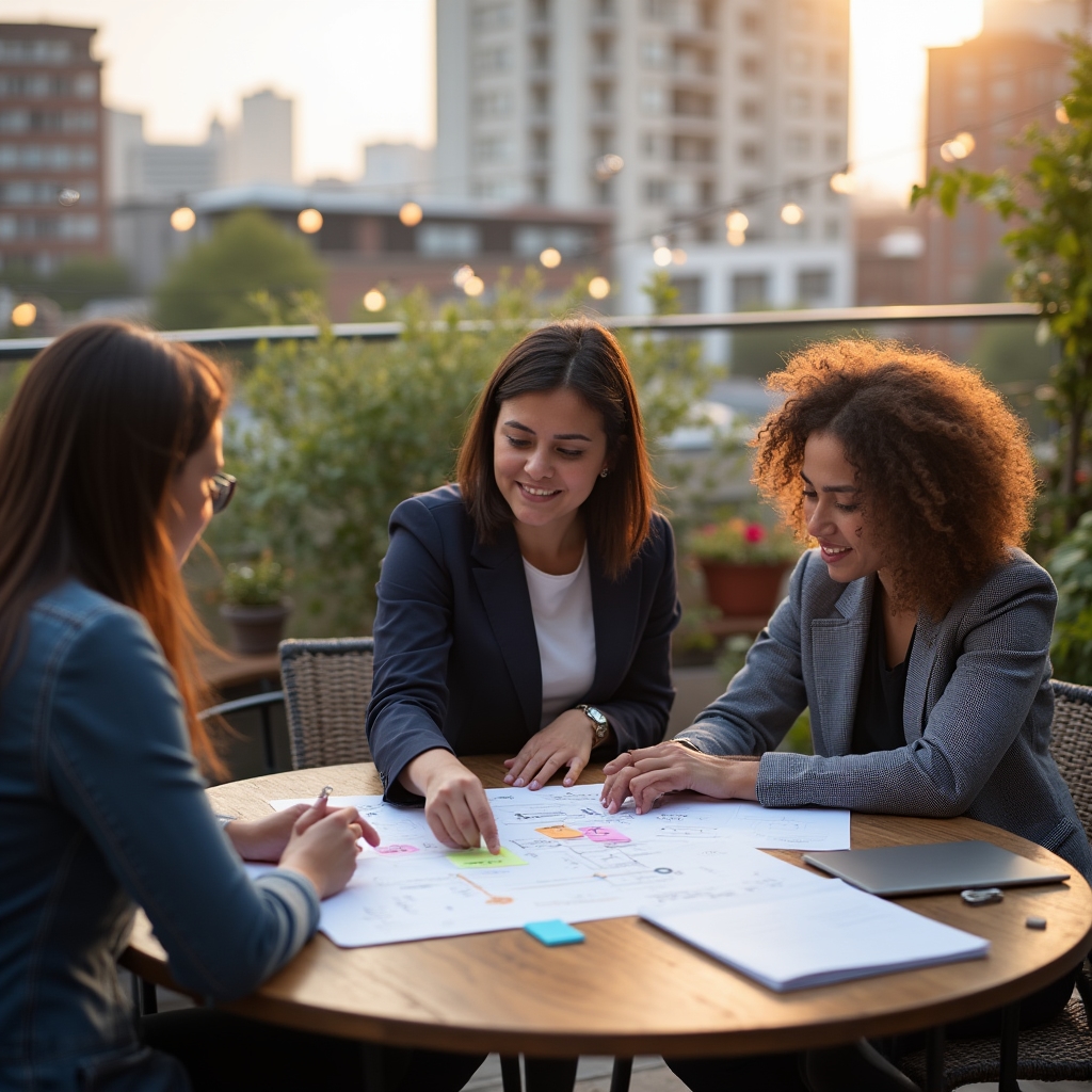Small consulting team of three gathered around an outdoor table reviewing printed process diagrams