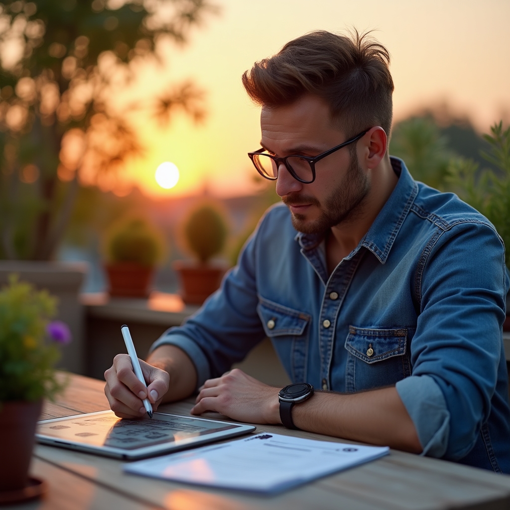 Consultant sketching an automated welcome email sequence timeline on a tablet at an outdoor meeting table